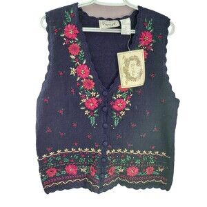 Vintage NOS Erika Beaded Floral Knit Sweater Vest Blue w/Flowers Size Medium